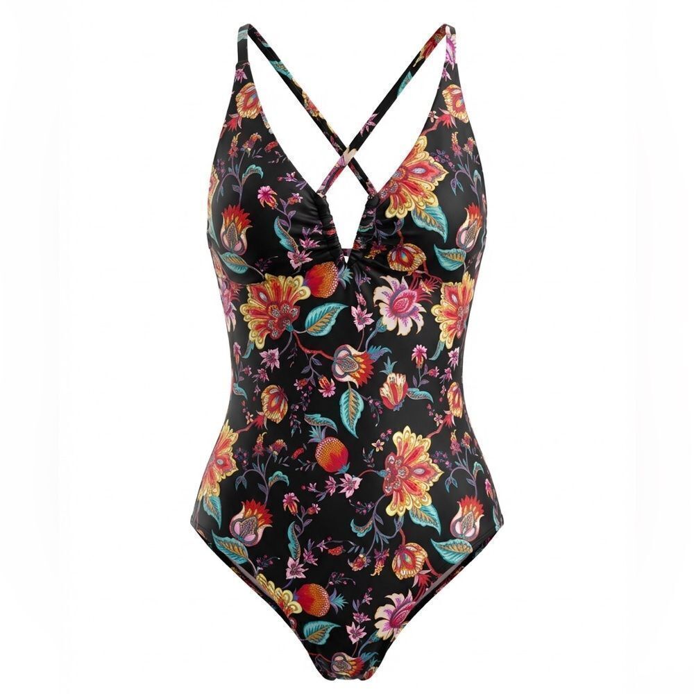 NANETTE LEPORE WOMENS 1PC BATHING SUIT BLACK WITH FLOWER PATTERN SIZE 6